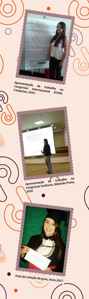 A imagem é uma sequencia de três fotos: foto 1: Jennifer usa calça preta e camiseta branca em frente a um banner em um congresso no ano de 2014. Foto 2: Jennifer a frente de um painel de projetor com microfone apresentando trabalho, usando calça azul clara e blazer preto. Foto 3: Jennifer usando beca com faixa vermelha e chapéu de formanda e segurando um envelope escrito "Jennifer do Nascimento Pedrero, Psicóloga". Fim da descrição