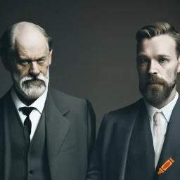 A imagem trata-se de um desenho preto e branco criado por Inteligência artificial, à esquerda Freud: Homem de pele clara calvo com barba e bigodes brancos usando paletó preto, camisa branca, à direita Aaron Becks, Hojem jovem de pele clara calebos barba e bigodes escuros, usa paletópreto camisa e gravata brancas. Fim da descrição. 